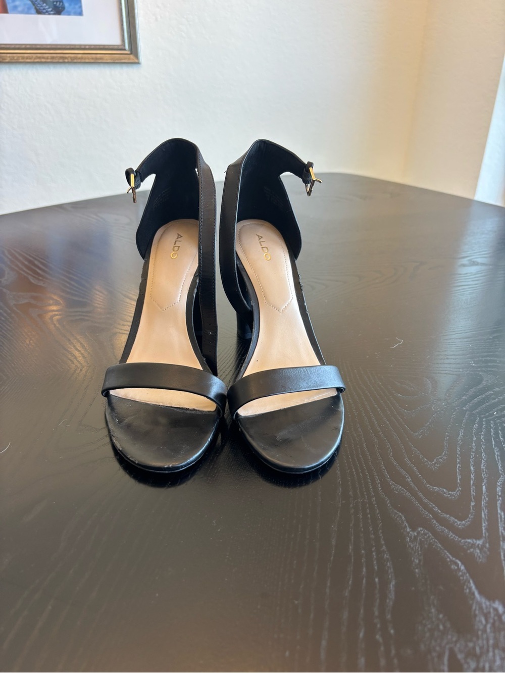 ALDO Black Leather Open-Toe Ankle-Strap Heels